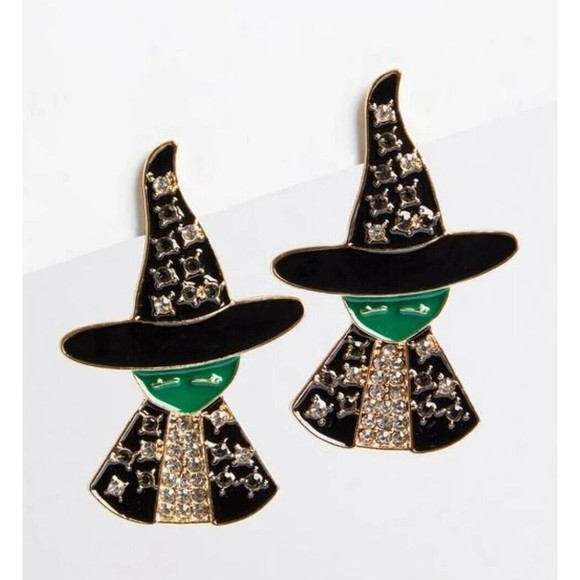 Witch Pierced Post Statement Earrings Gold Tone Black Green Enamel Bejeweled - Picture 1 of 6